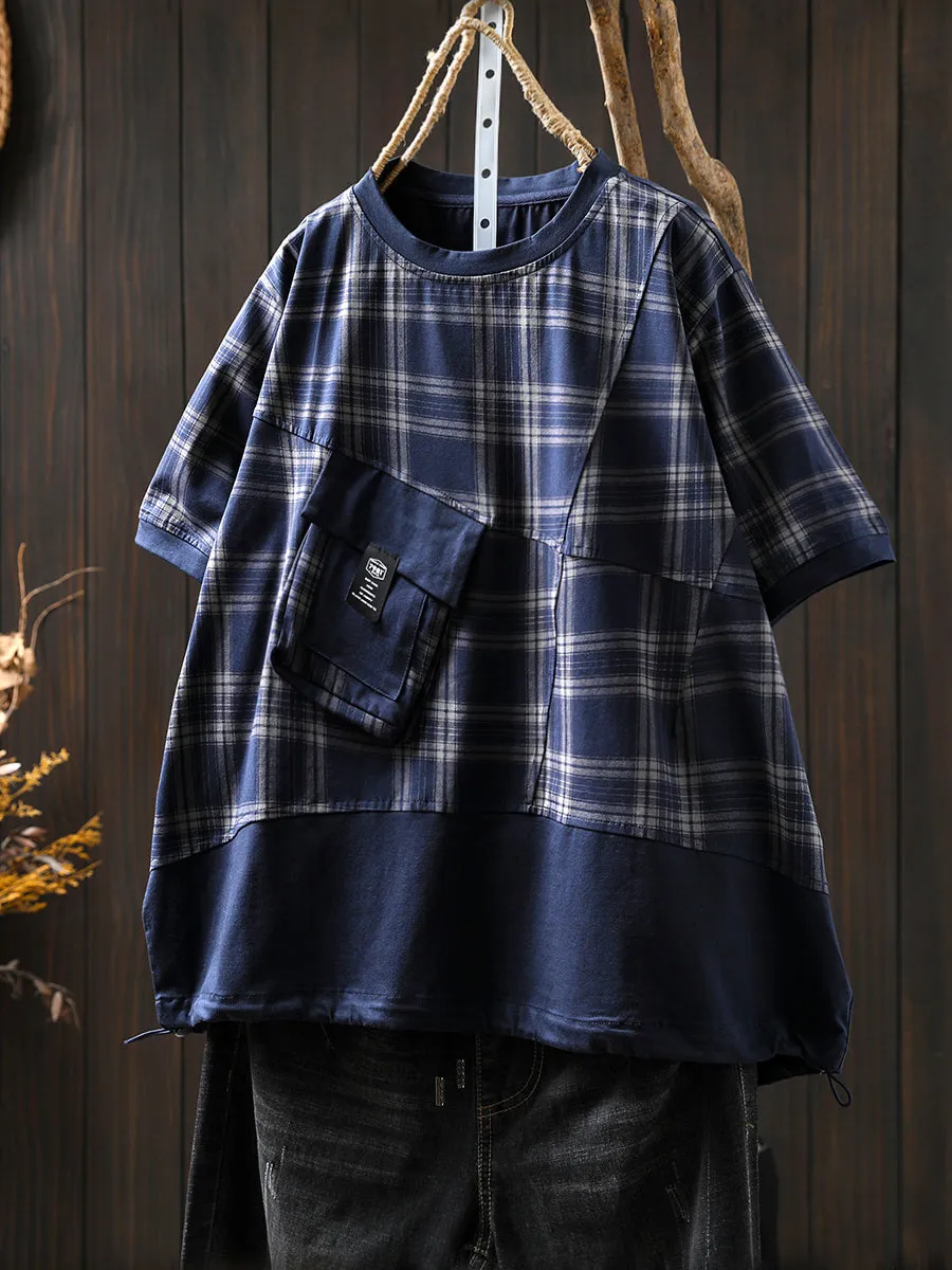 Women Summer Retro Plaid O-Neck Cotton Shirt