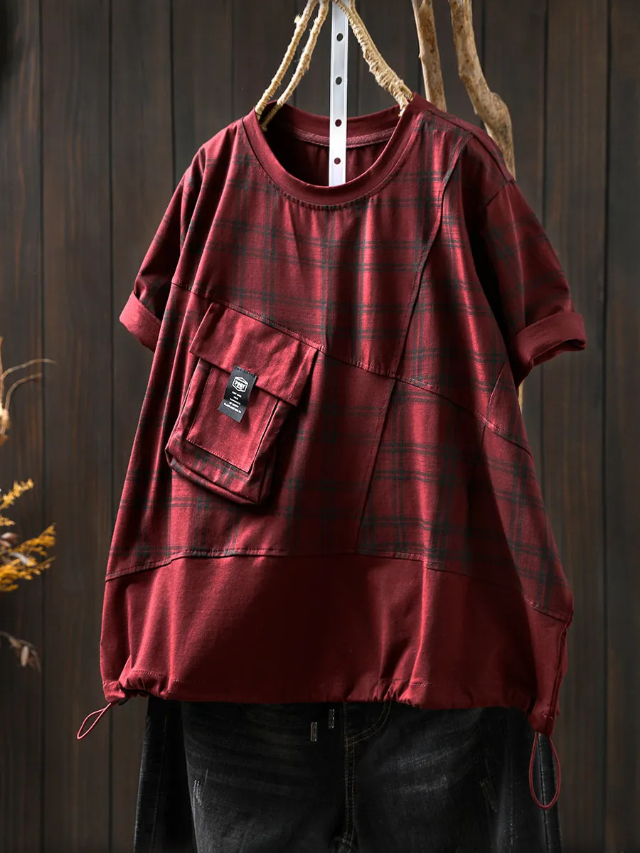 Women Summer Retro Plaid O-Neck Cotton Shirt