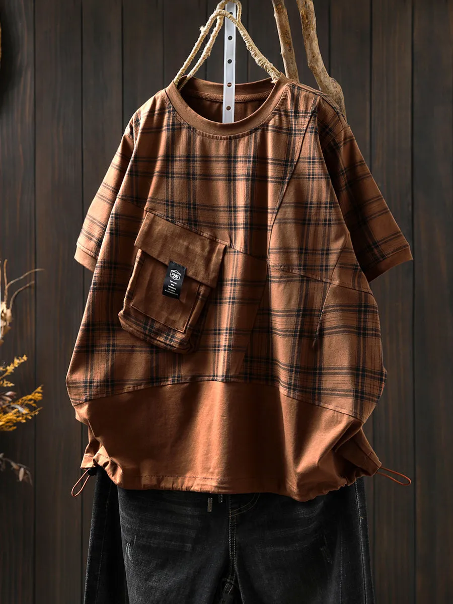 Women Summer Retro Plaid O-Neck Cotton Shirt