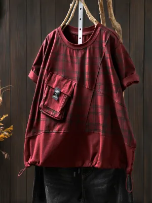 Women Summer Retro Plaid O-Neck Cotton Shirt