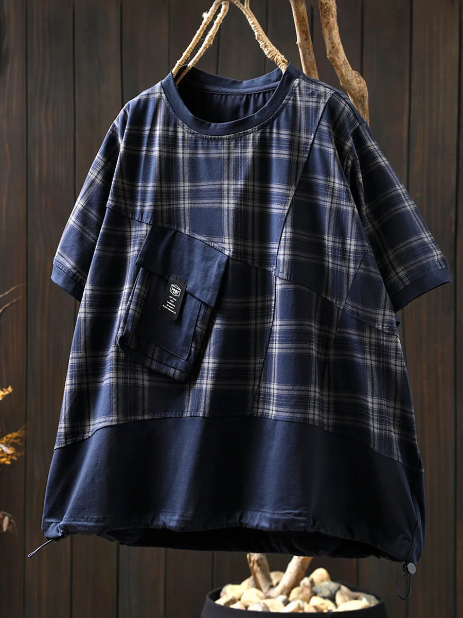 Women Summer Retro Plaid O-Neck Cotton Shirt