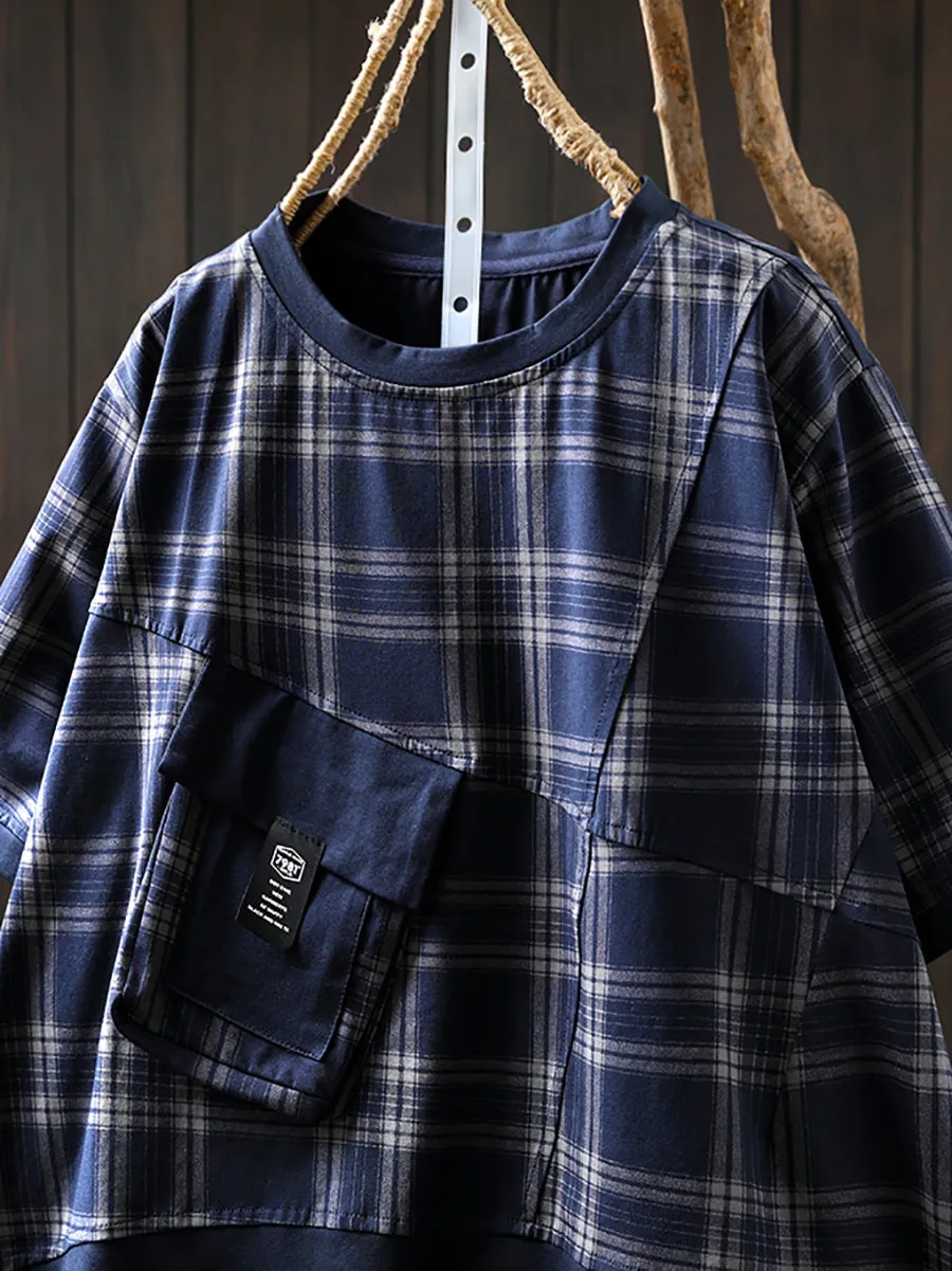 Women Summer Retro Plaid O-Neck Cotton Shirt