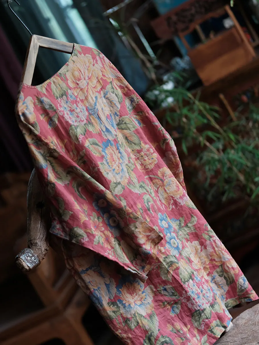 Women Summer Vintage Flower Buckle Ramie Shirt