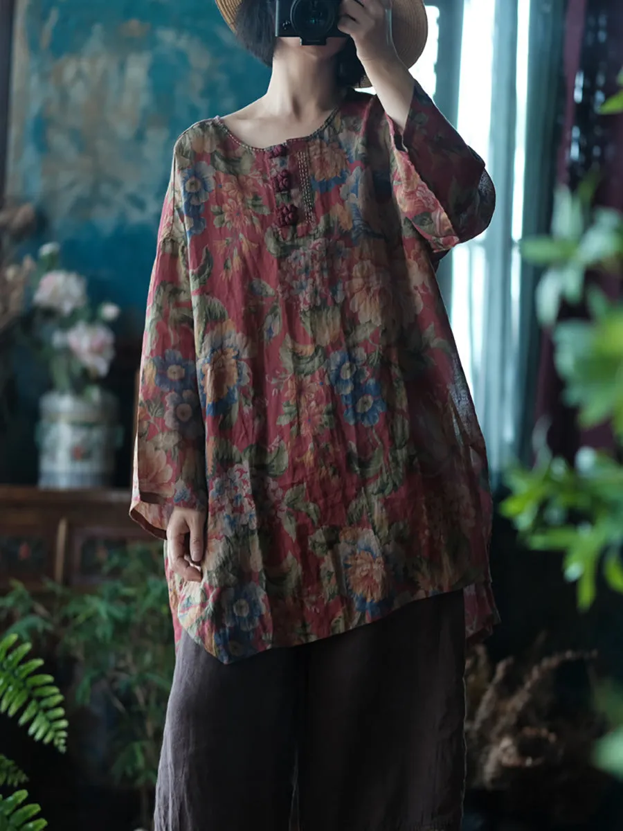 Women Summer Vintage Flower Buckle Ramie Shirt