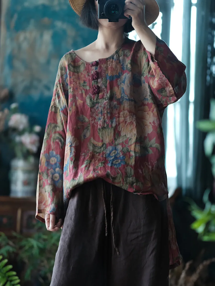 Women Summer Vintage Flower Buckle Ramie Shirt