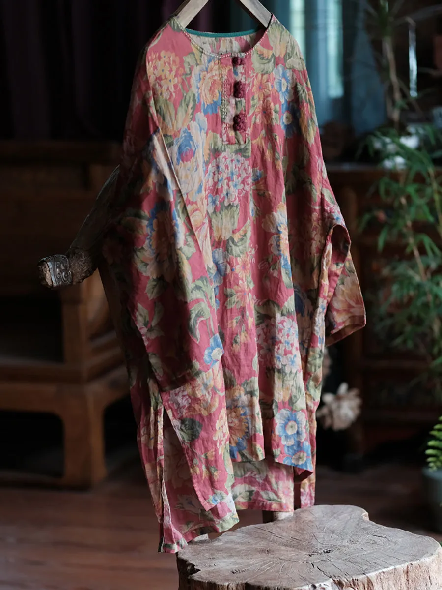 Women Summer Vintage Flower Buckle Ramie Shirt