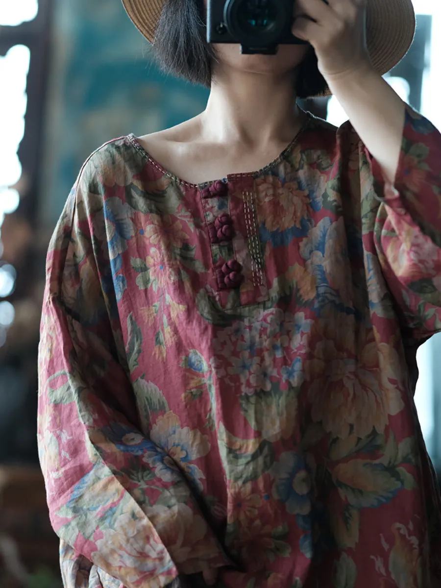 Women Summer Vintage Flower Buckle Ramie Shirt