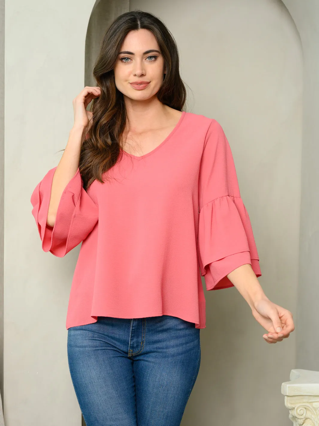 WOMEN'S 3/4 BELL SLEEVES V-NECK TOP