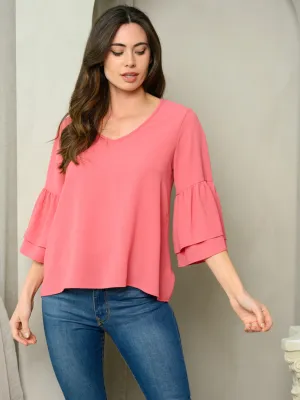 WOMEN'S 3/4 BELL SLEEVES V-NECK TOP