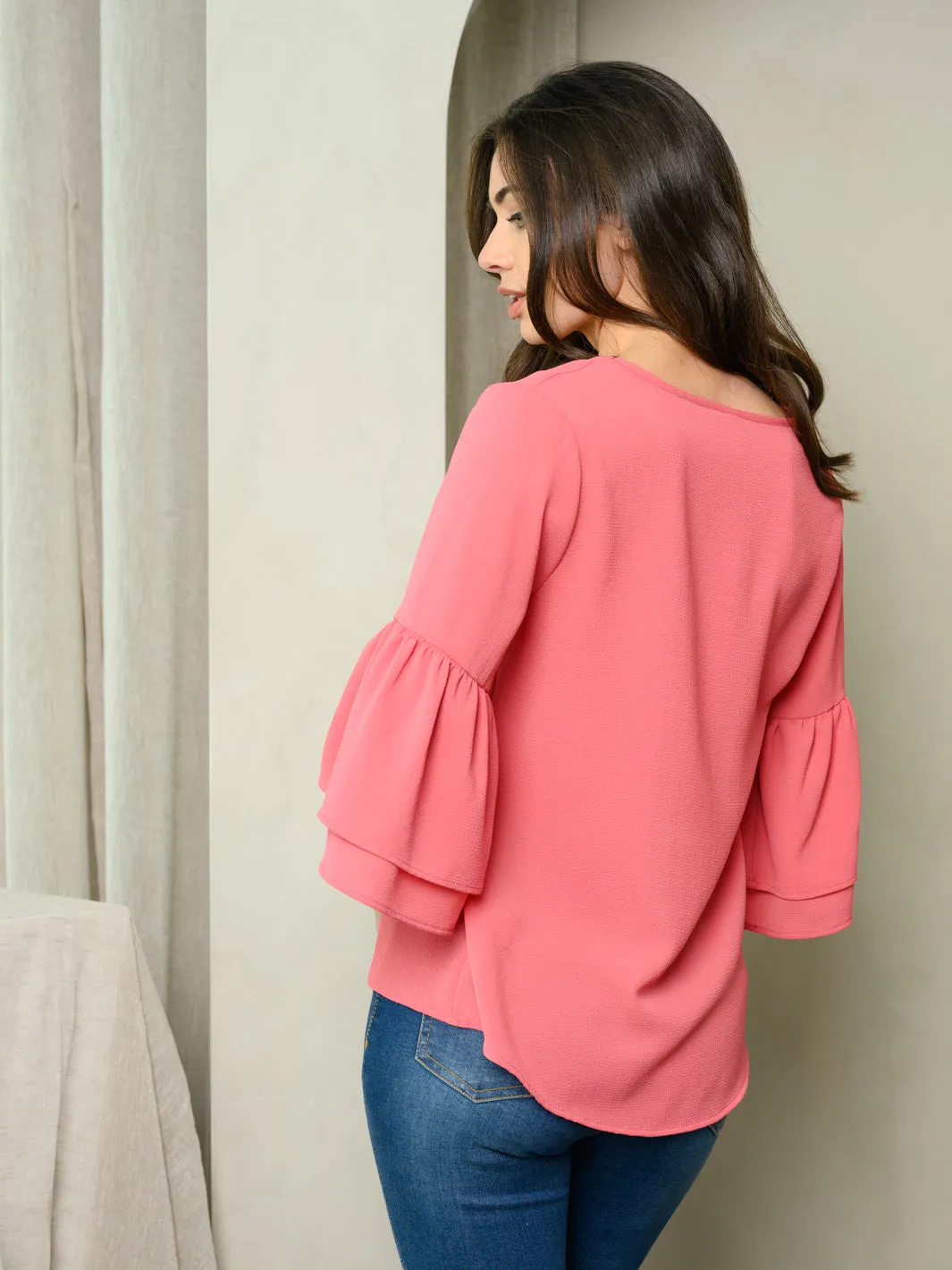 WOMEN'S 3/4 BELL SLEEVES V-NECK TOP