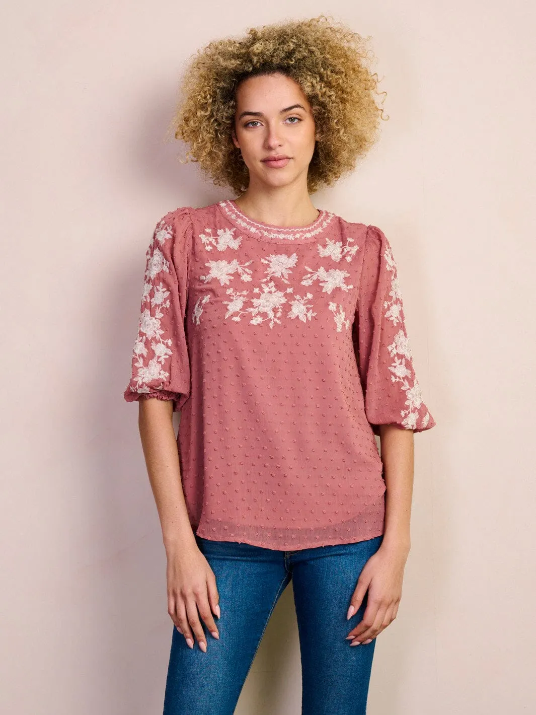 WOMEN'S 3/4 SLEEVE EMBROIDERY SWISS DOTS BLOUSE TOP