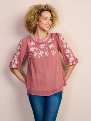 WOMEN'S 3/4 SLEEVE EMBROIDERY SWISS DOTS BLOUSE TOP