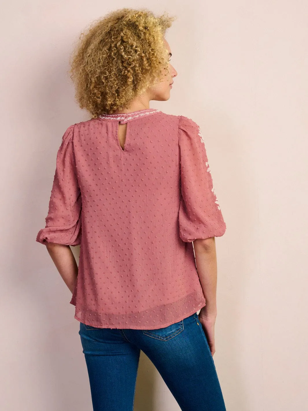 WOMEN'S 3/4 SLEEVE EMBROIDERY SWISS DOTS BLOUSE TOP