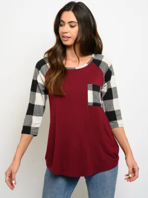 WOMEN'S 3/4 SLEEVES PLAID CONTRAST TOP