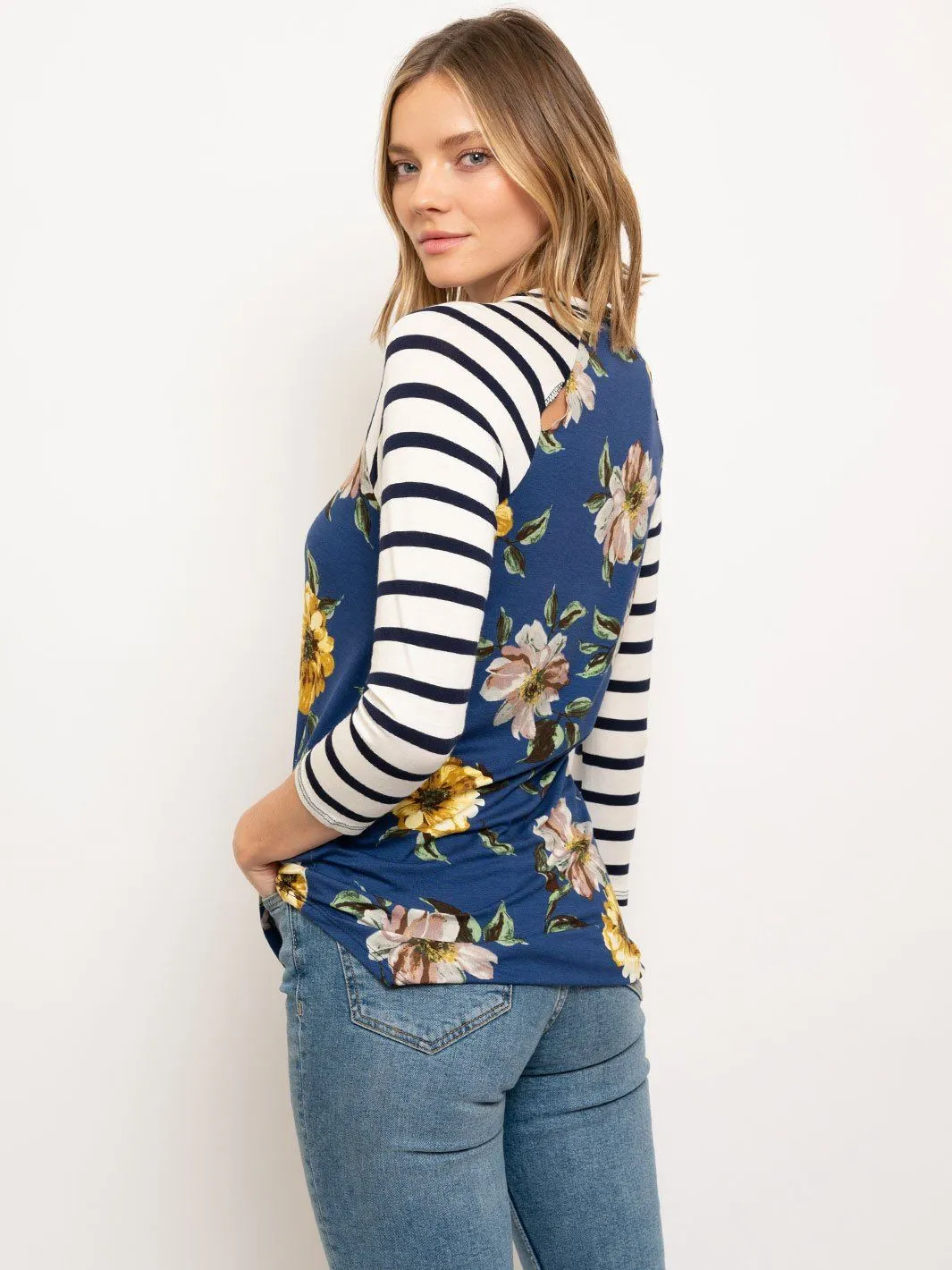 WOMEN'S BASEBALL TEE 3/4 SLEEVE STRIPES FLORAL BODY TOP