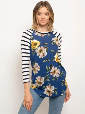 WOMEN'S BASEBALL TEE 3/4 SLEEVE STRIPES FLORAL BODY TOP