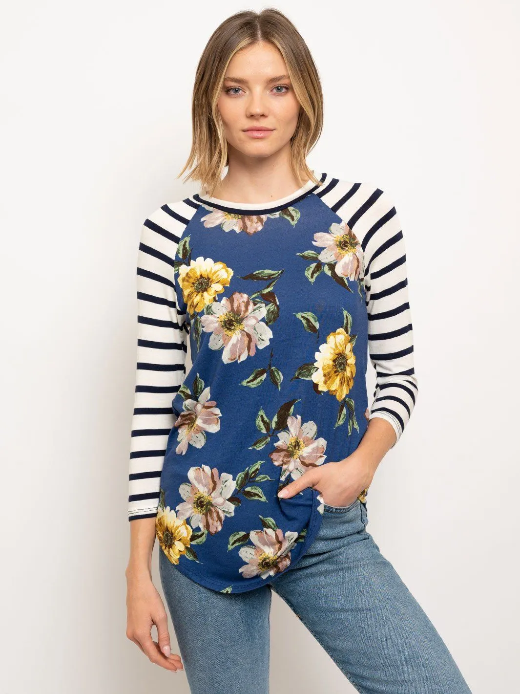 WOMEN'S BASEBALL TEE 3/4 SLEEVE STRIPES FLORAL BODY TOP