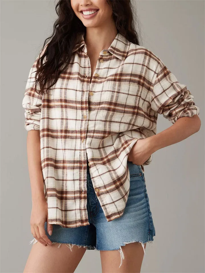 Women's Casual Long Sleeve Button Plaid Blouses
