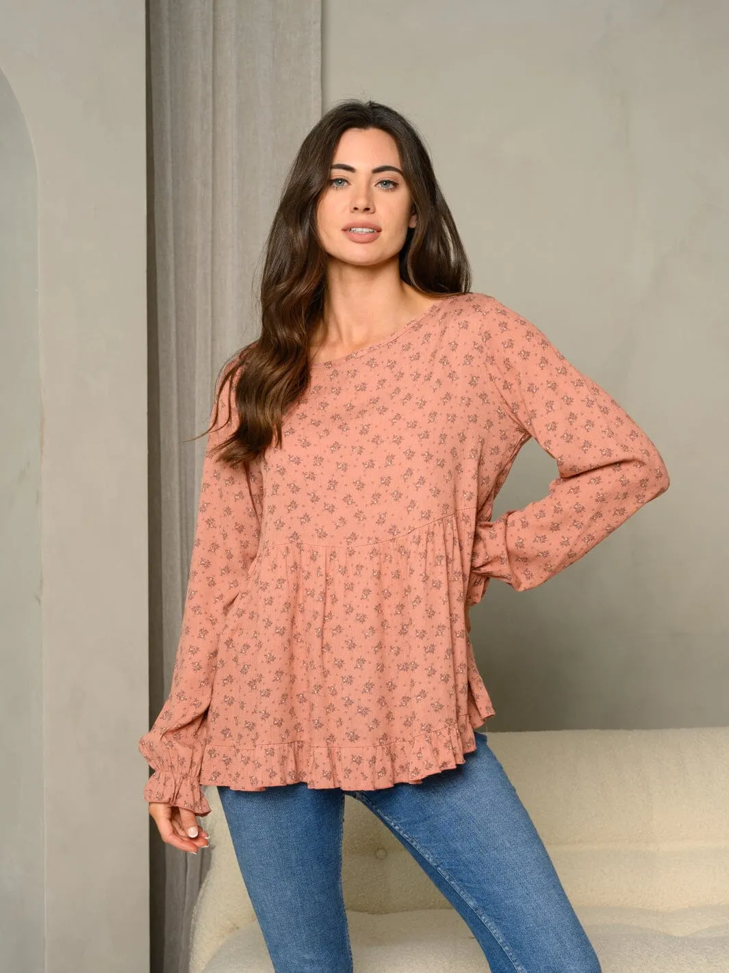 WOMEN'S DITSY FLORAL PRINT RUFFLE DETAIL BUBBLE LONG SLEEVE TUNIC TOP