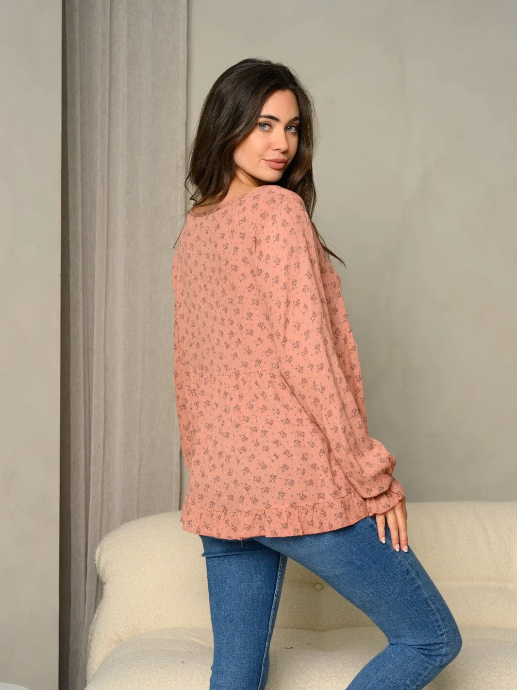 WOMEN'S DITSY FLORAL PRINT RUFFLE DETAIL BUBBLE LONG SLEEVE TUNIC TOP