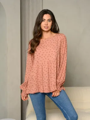 WOMEN'S DITSY FLORAL PRINT RUFFLE DETAIL BUBBLE LONG SLEEVE TUNIC TOP