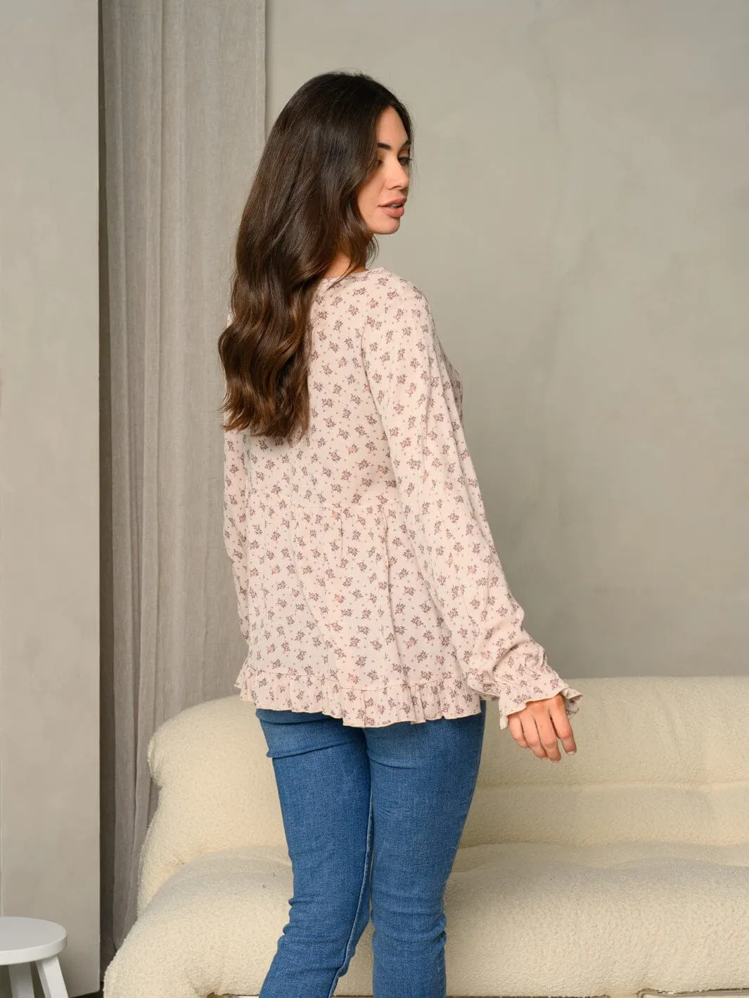 WOMEN'S DITSY FLORAL PRINT RUFFLE DETAIL BUBBLE LONG SLEEVE TUNIC TOP