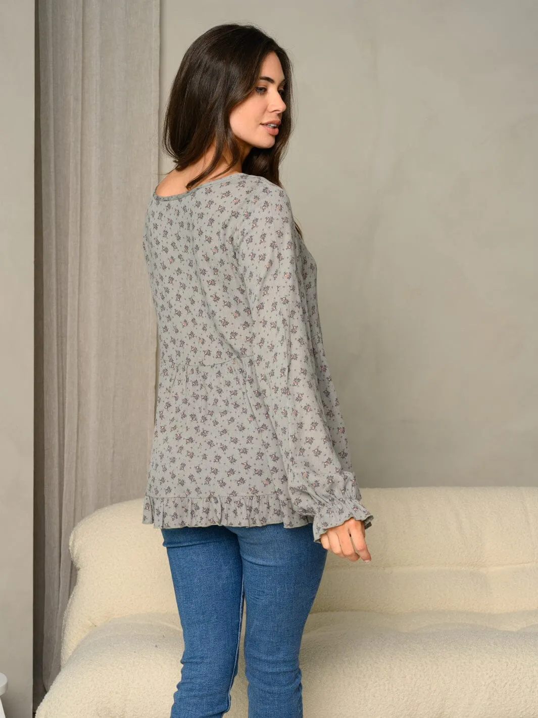 WOMEN'S DITSY FLORAL PRINT RUFFLE DETAIL BUBBLE LONG SLEEVE TUNIC TOP