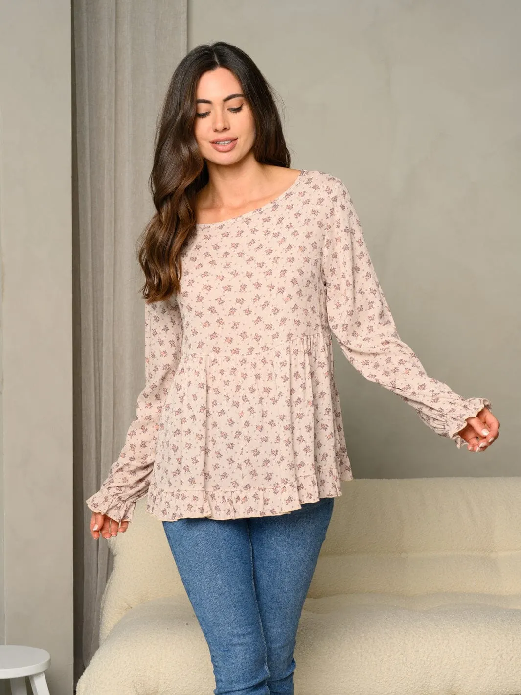 WOMEN'S DITSY FLORAL PRINT RUFFLE DETAIL BUBBLE LONG SLEEVE TUNIC TOP