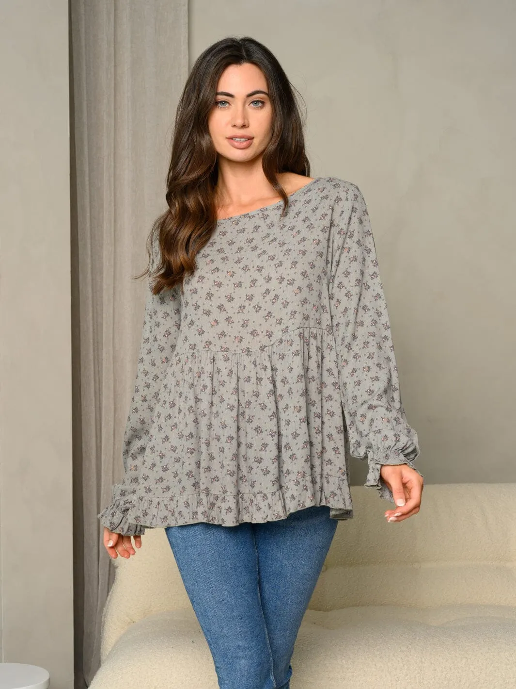 WOMEN'S DITSY FLORAL PRINT RUFFLE DETAIL BUBBLE LONG SLEEVE TUNIC TOP