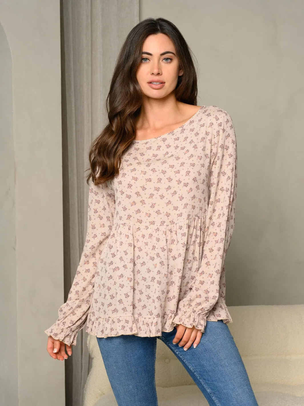 WOMEN'S DITSY FLORAL PRINT RUFFLE DETAIL BUBBLE LONG SLEEVE TUNIC TOP