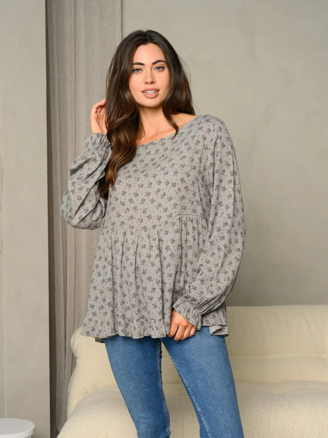 WOMEN'S DITSY FLORAL PRINT RUFFLE DETAIL BUBBLE LONG SLEEVE TUNIC TOP