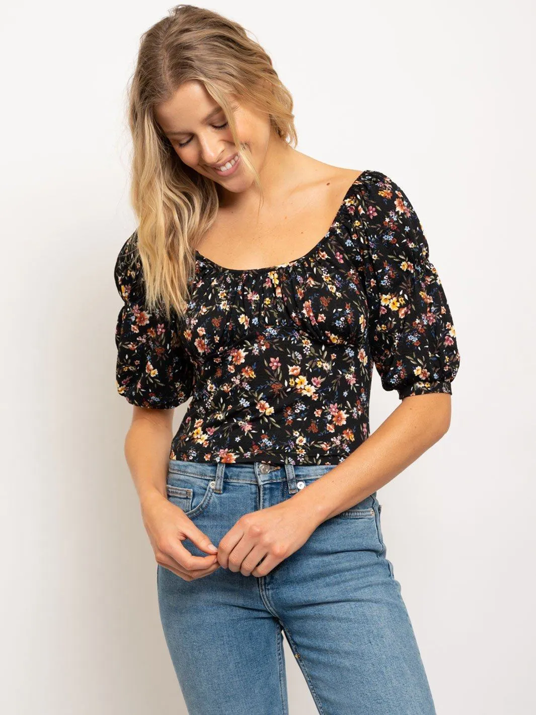 WOMEN'S EMPIRE BUST PUFFED SLEEVES FLORAL TOP