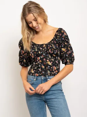 WOMEN'S EMPIRE BUST PUFFED SLEEVES FLORAL TOP
