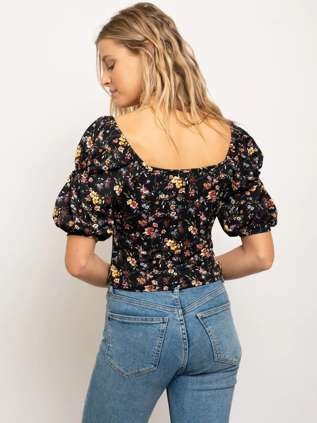 WOMEN'S EMPIRE BUST PUFFED SLEEVES FLORAL TOP
