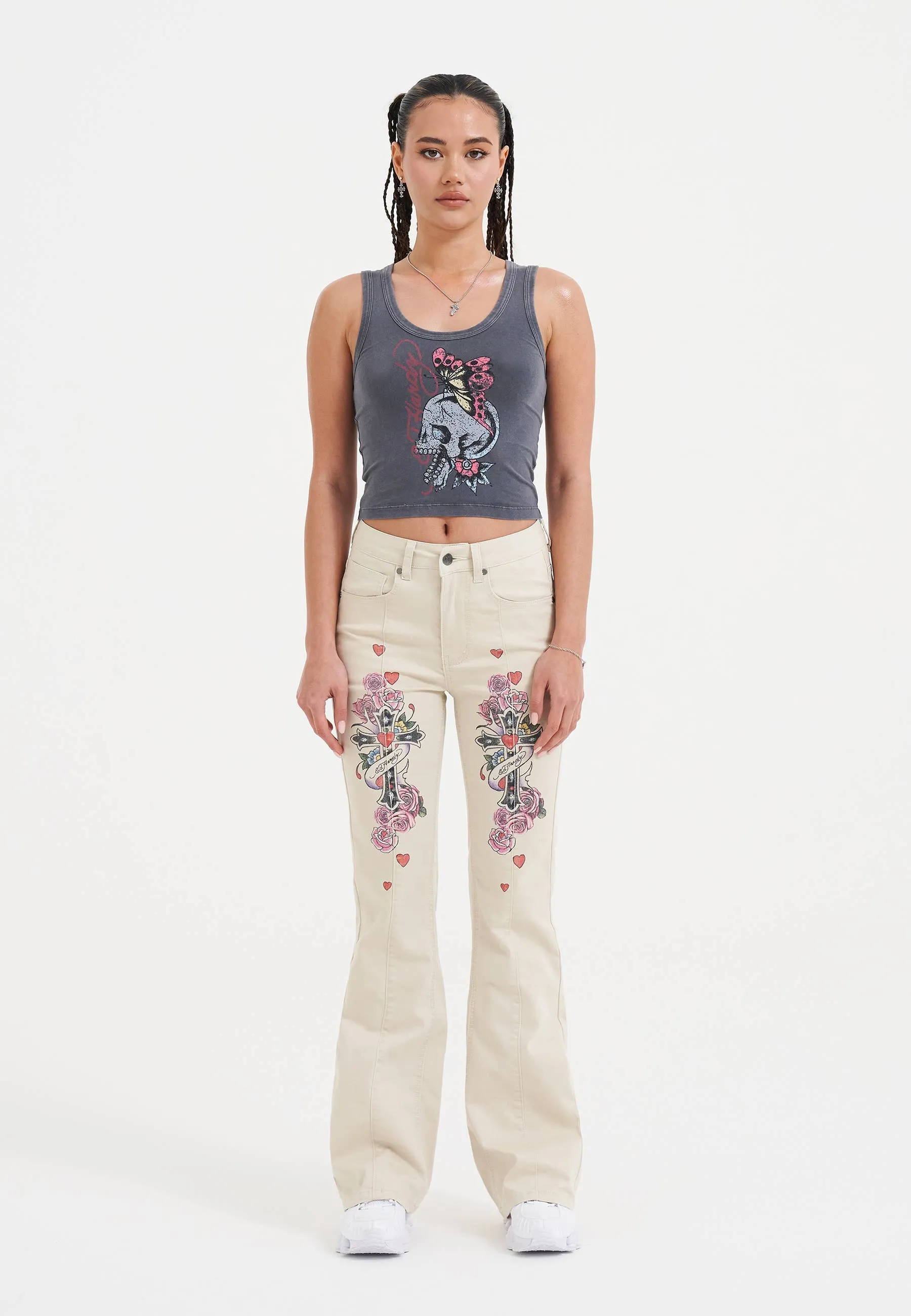 Womens Floral Cross Flared Jeans - Beige