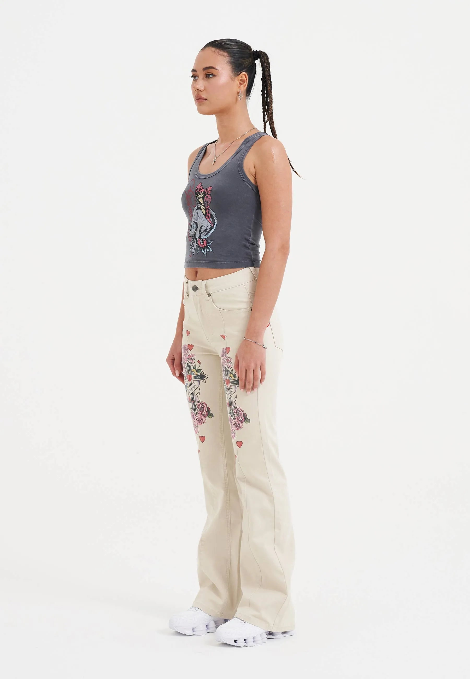 Womens Floral Cross Flared Jeans - Beige