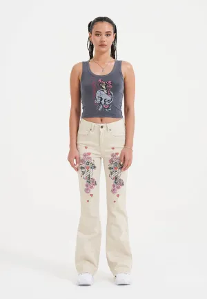 Womens Floral Cross Flared Jeans - Beige