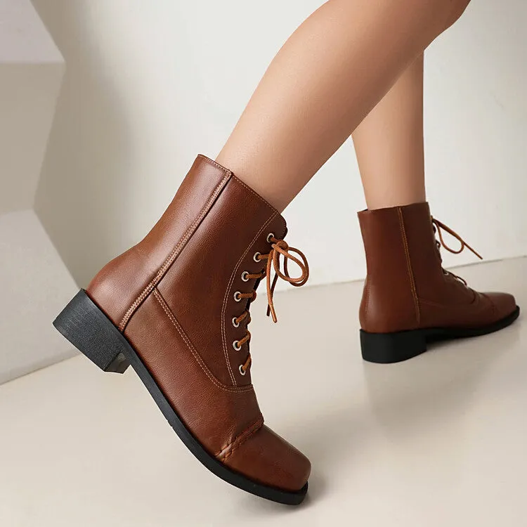 Women's Lace-Up Square Toe Low Heel Short Boots