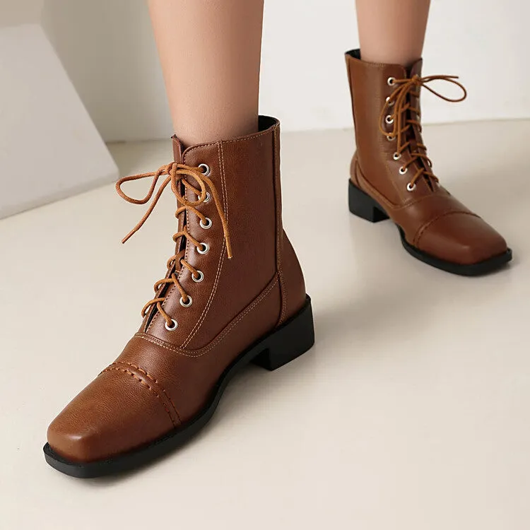 Women's Lace-Up Square Toe Low Heel Short Boots