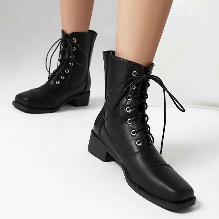 Women's Lace-Up Square Toe Low Heel Short Boots