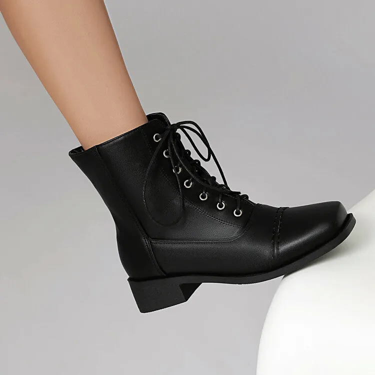 Women's Lace-Up Square Toe Low Heel Short Boots