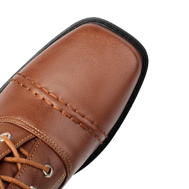 Women's Lace-Up Square Toe Low Heel Short Boots