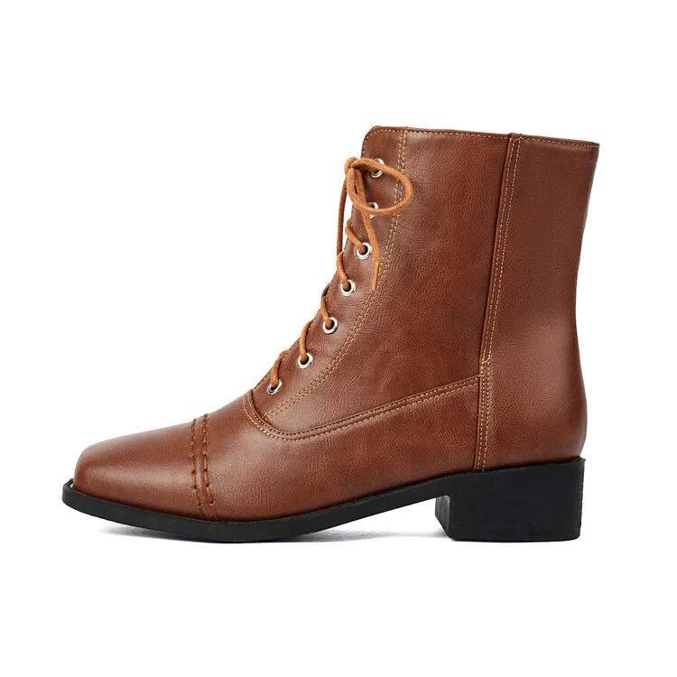 Women's Lace-Up Square Toe Low Heel Short Boots