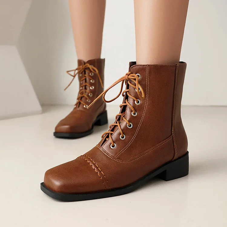 Women's Lace-Up Square Toe Low Heel Short Boots