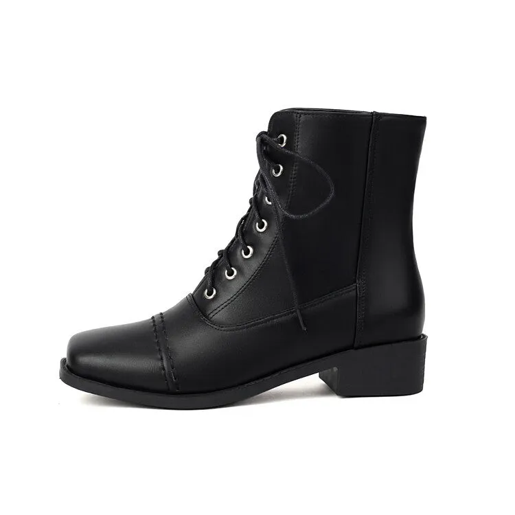 Women's Lace-Up Square Toe Low Heel Short Boots