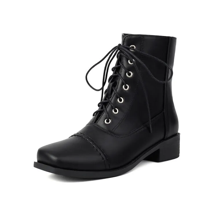 Women's Lace-Up Square Toe Low Heel Short Boots