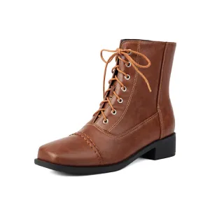 Women's Lace-Up Square Toe Low Heel Short Boots