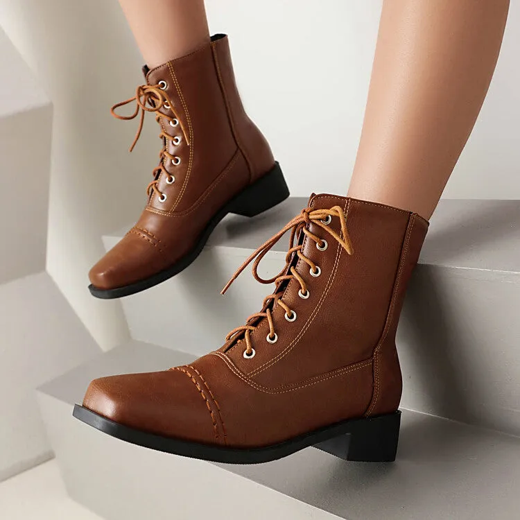 Women's Lace-Up Square Toe Low Heel Short Boots