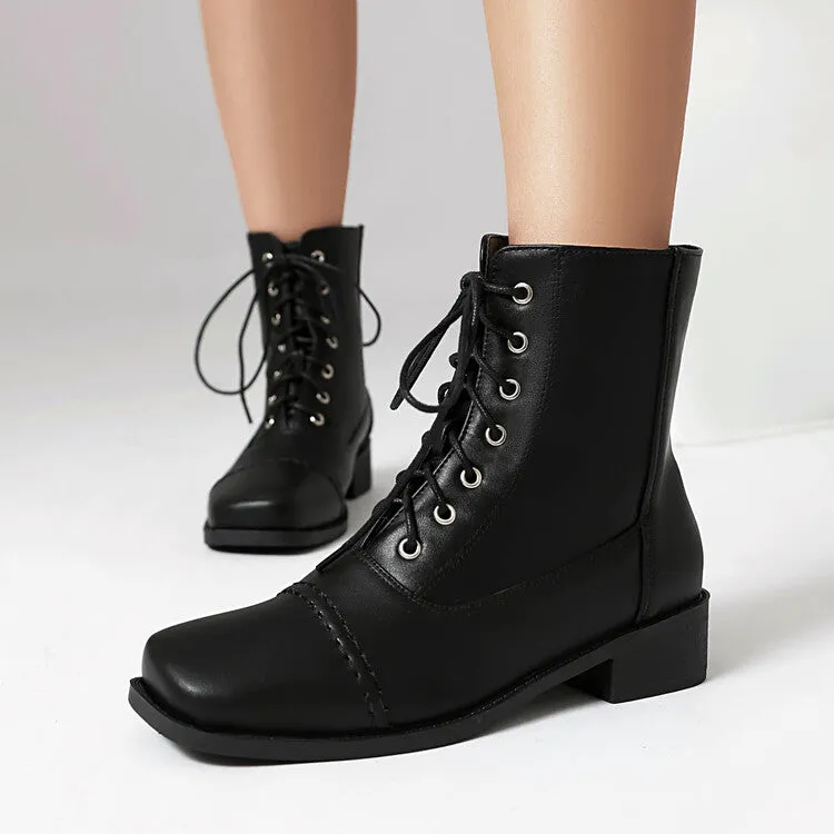 Women's Lace-Up Square Toe Low Heel Short Boots