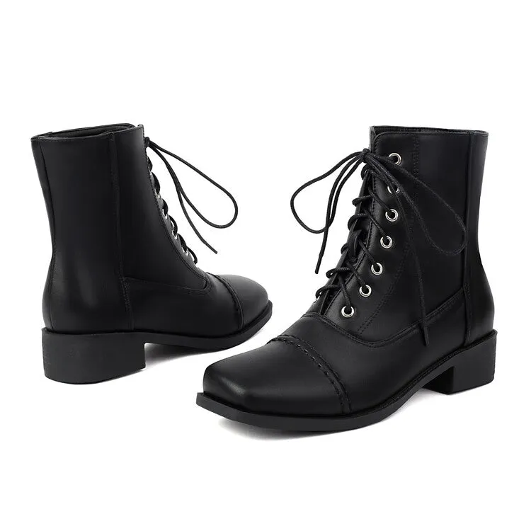 Women's Lace-Up Square Toe Low Heel Short Boots